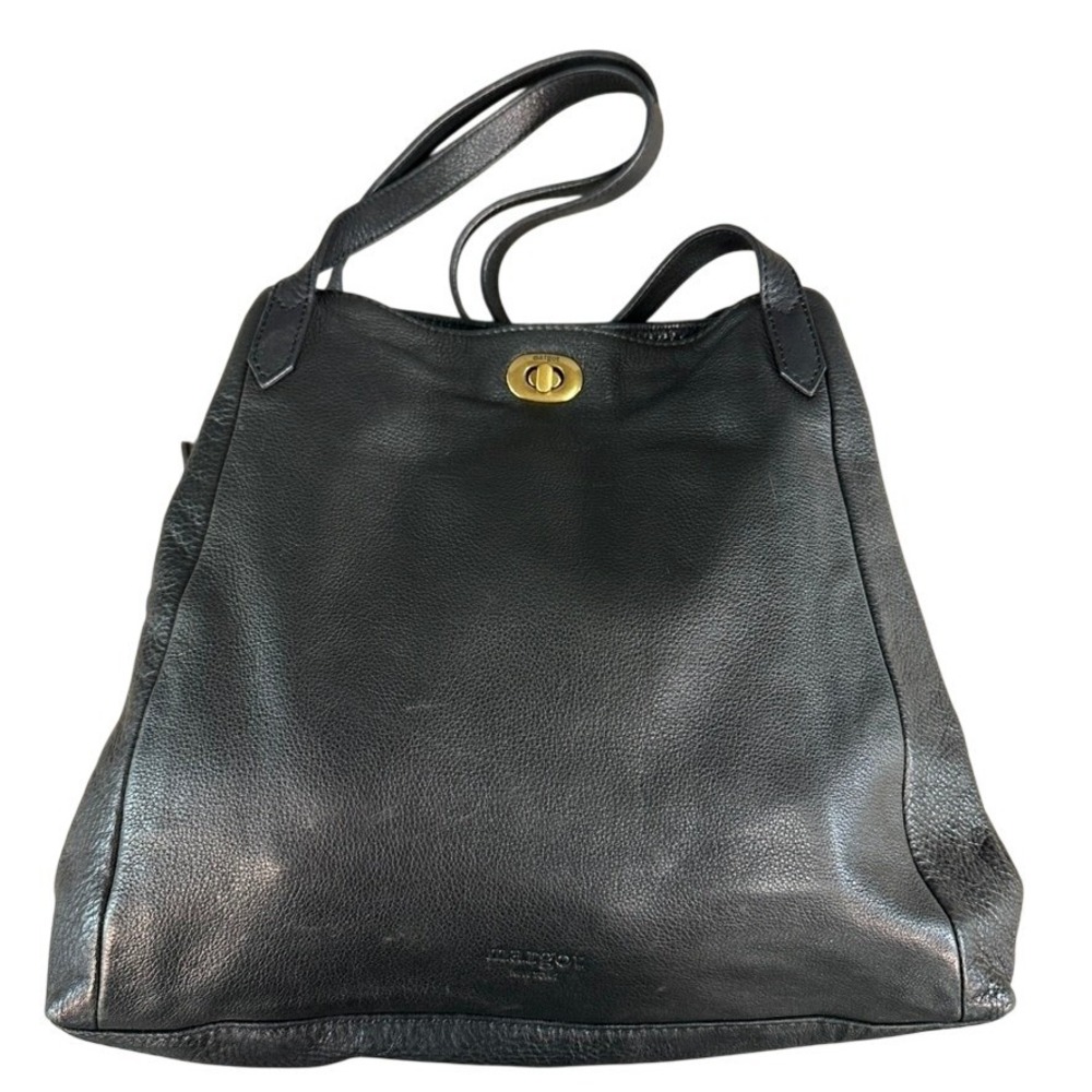 Margot New York Black Pebbled Leather Shoulder Bag Tote Turn Lock Closure